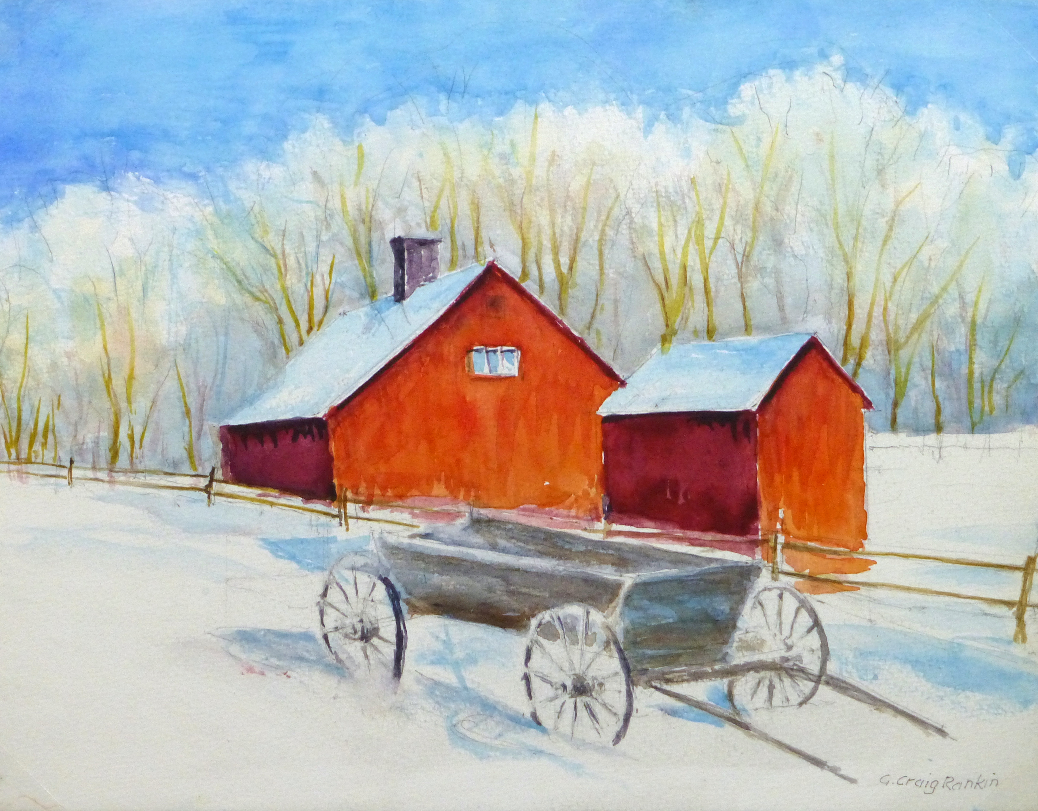 Watercolor Landscape Winter Barn Original Art, Antique