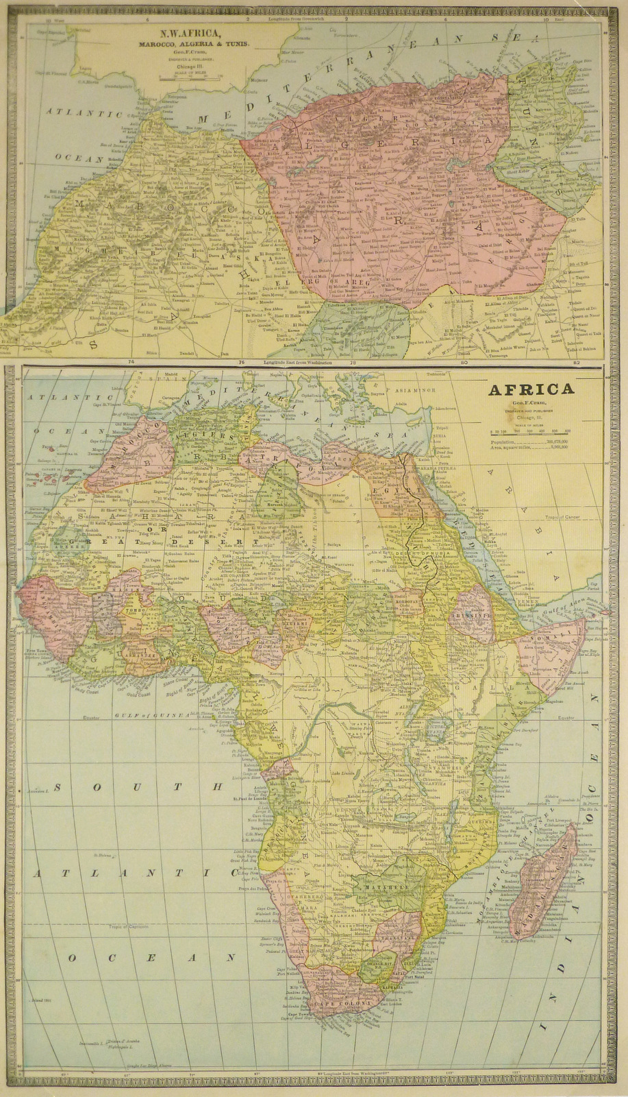 Africa and North Africa Map, 1890 Original Art, Antique