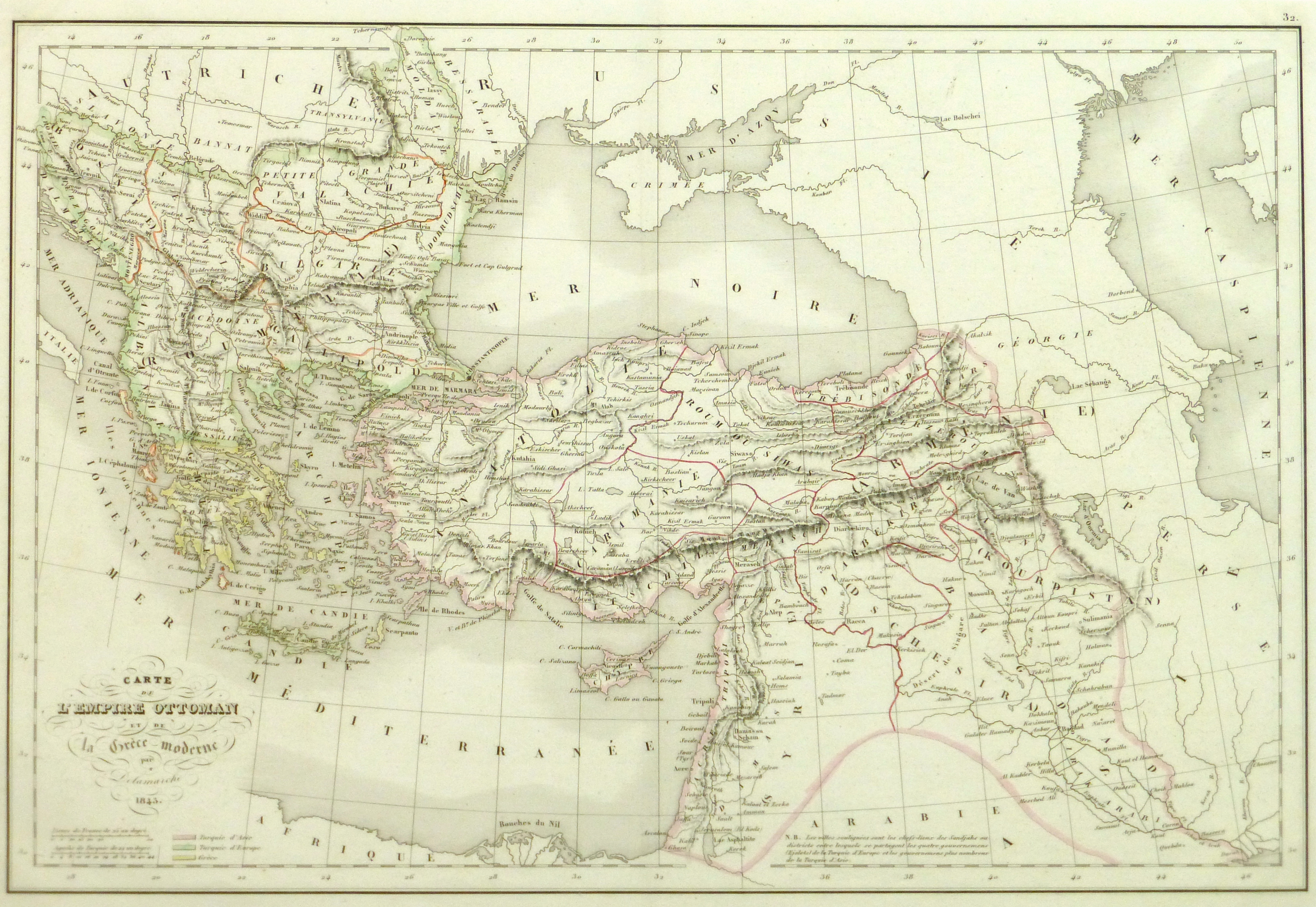 Vintage Ottoman Empire Map, 1845 Original Art, Antique