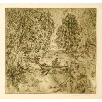 Vintage Aquatint Etching by Julla Walther Golden Pond 9153m