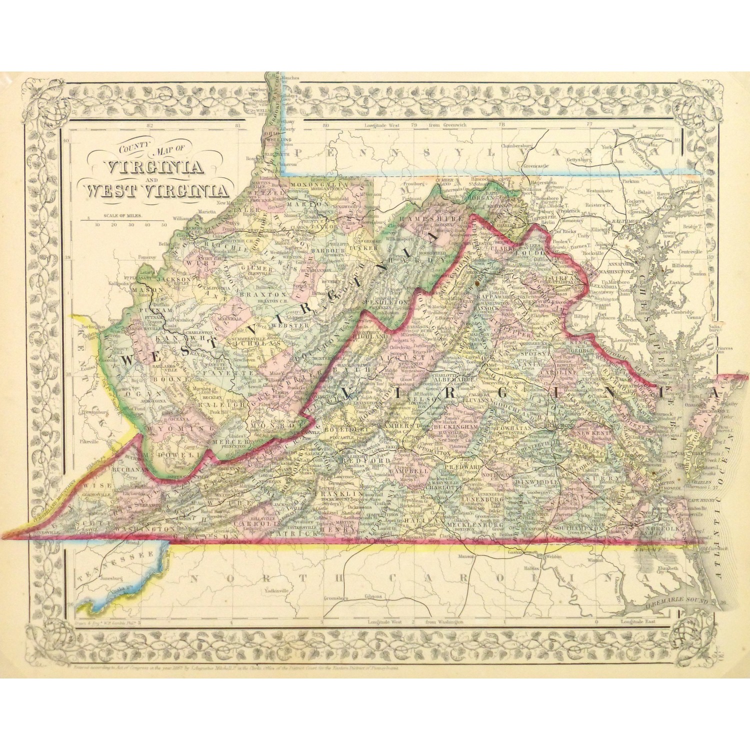 Map Virginia West Virginia 1867 Original Art Antique Maps Prints
