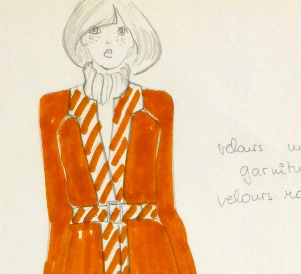 Ink & Pencil Fashion Sketch - Orange Coat - detail 2-10111M