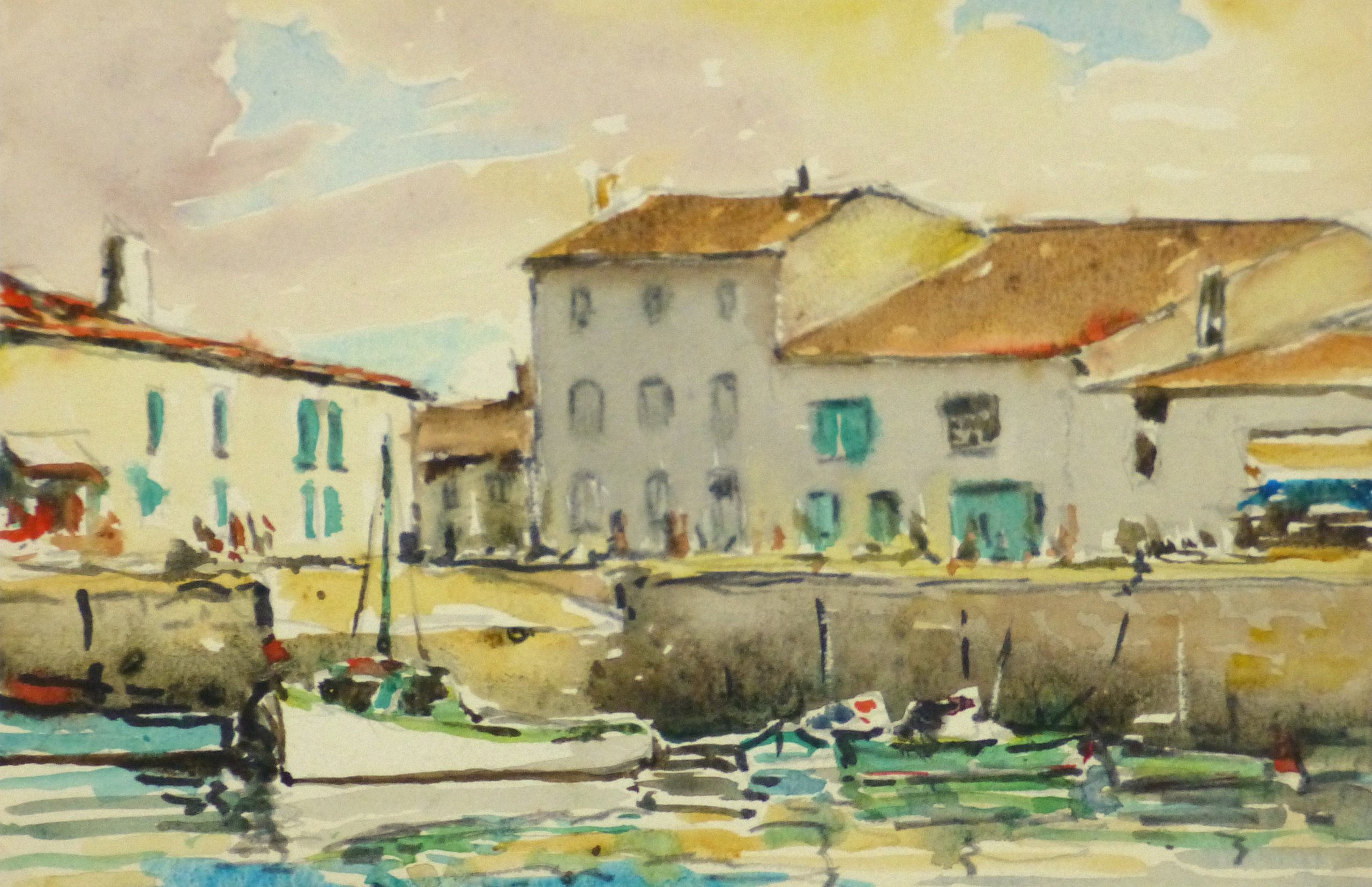 HP Watercolor Seascape La Rochelle Harbor Original Art, Antique