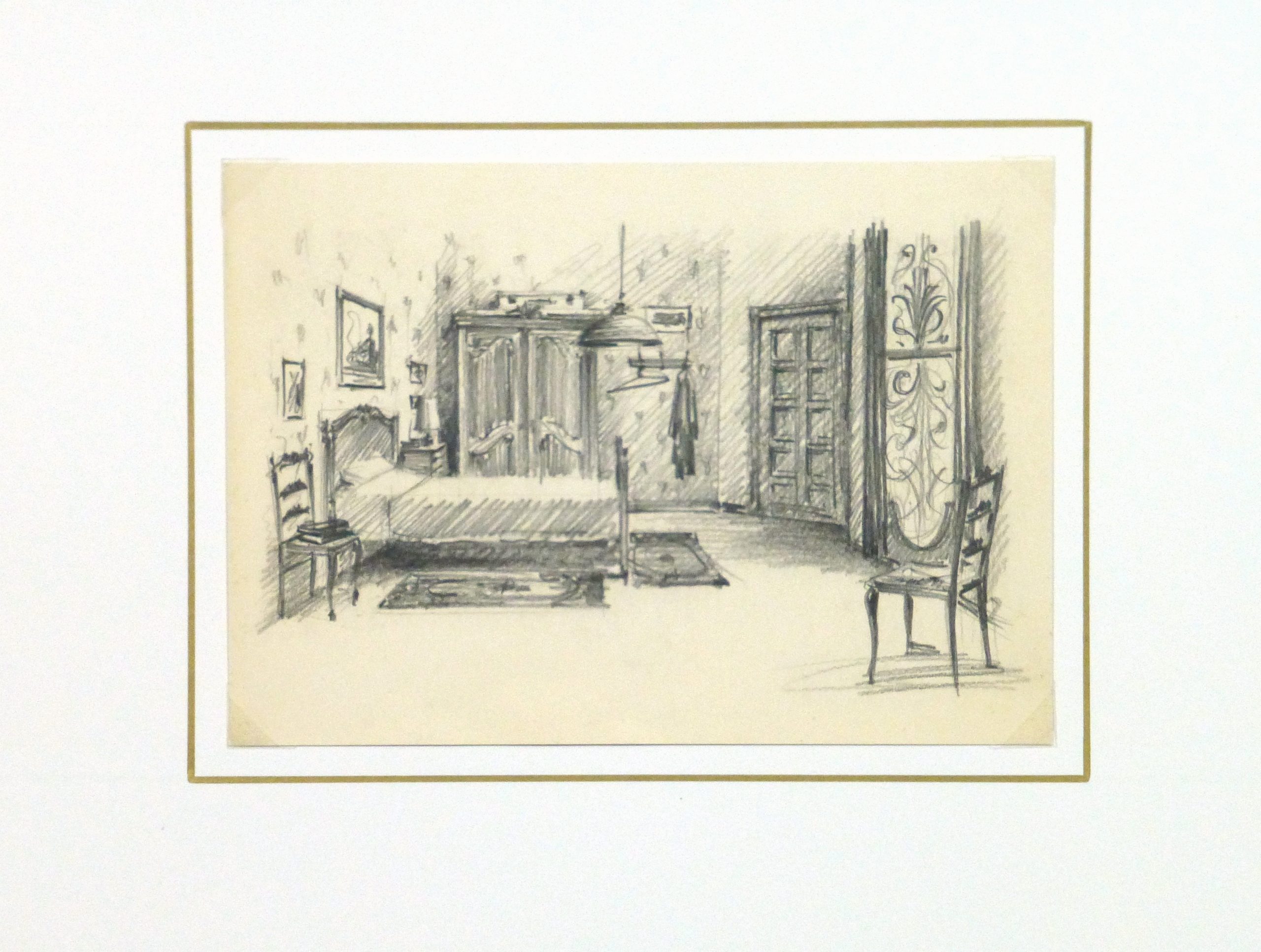 Pencil Drawing Bedroom Interior, circa 1950