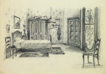 Pencil Drawing - Bedroom Interior, circa 1950-main-10359M