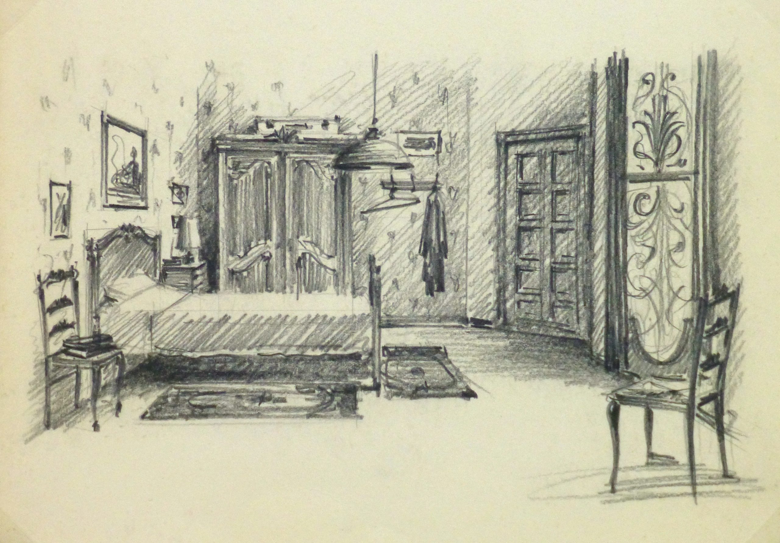 Pencil Drawing Bedroom Interior, circa 1950