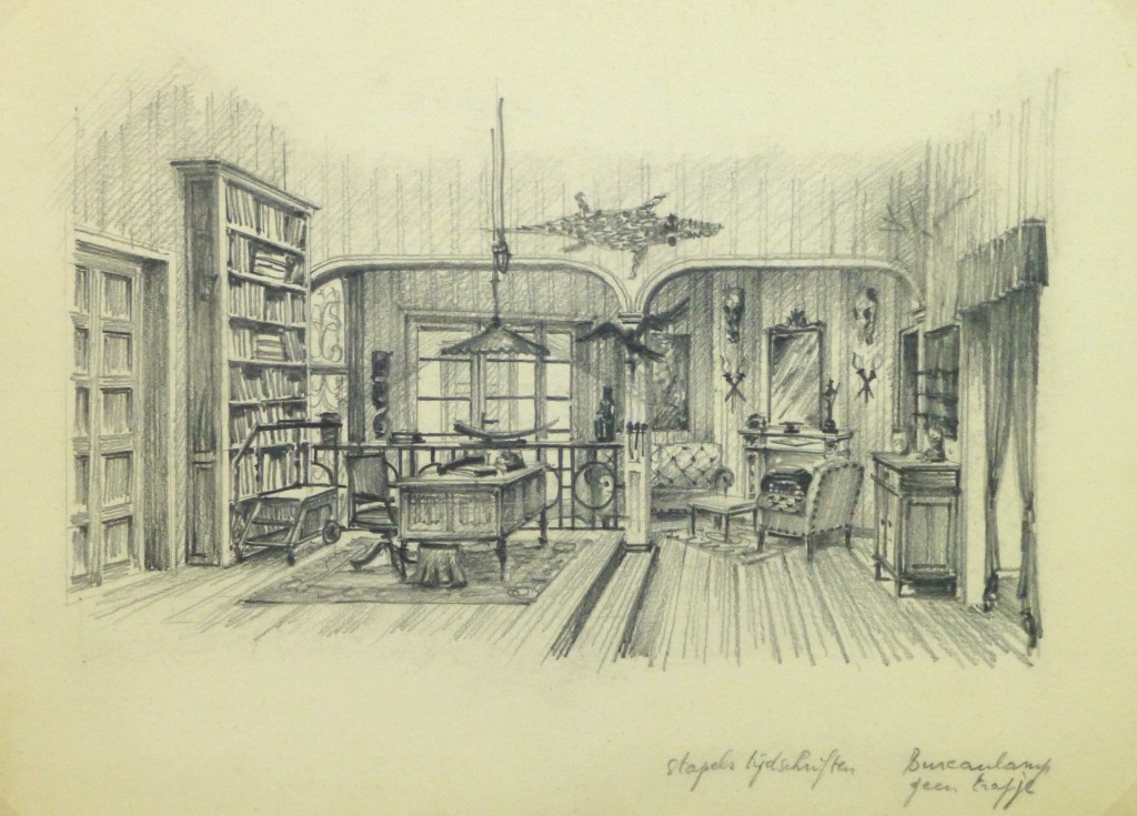Pencil Drawing Private Library Interior, circa 1950