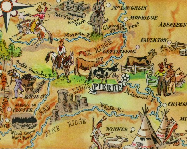 South Dakota Antique Vintage Pictorial Map 