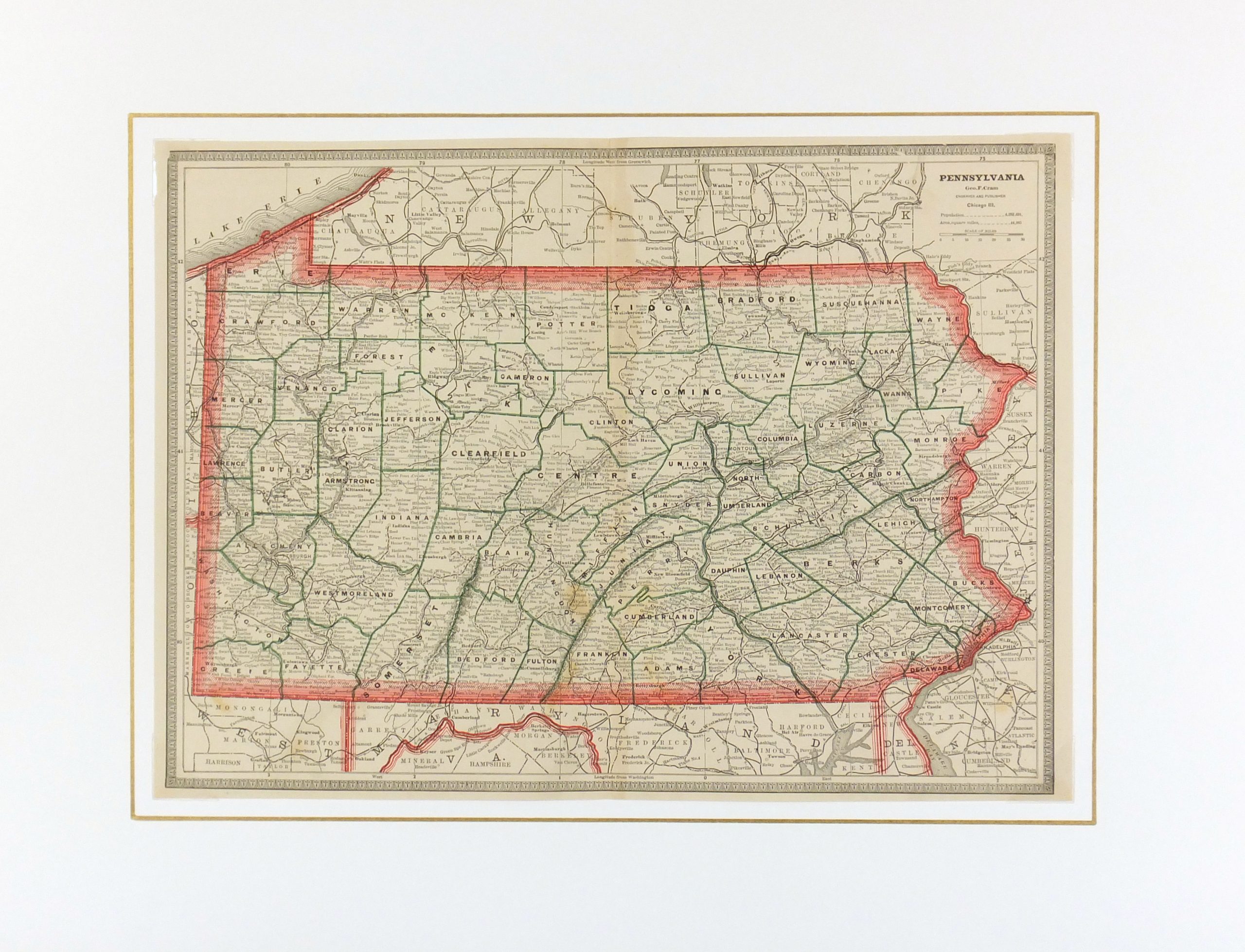 Pennsylvania Map, 1890 Original Art, Antique Maps & Prints