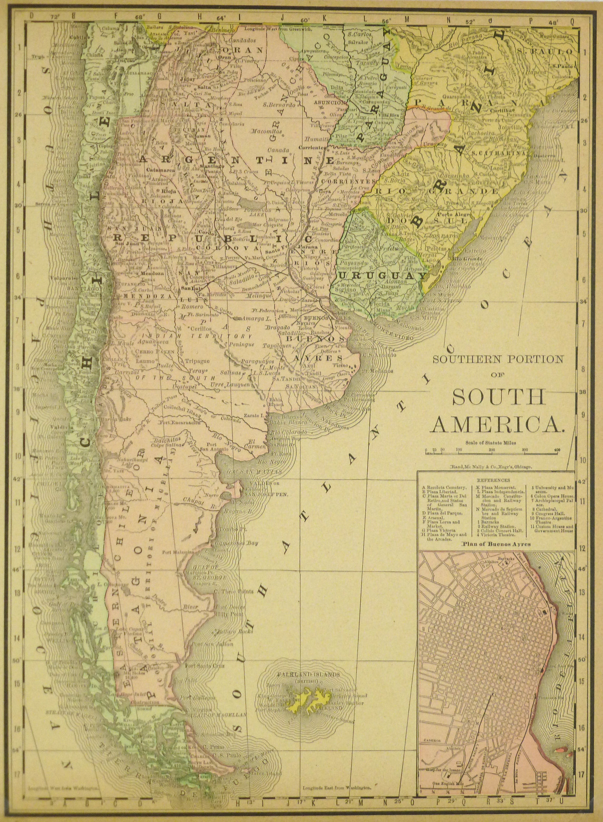 Map Argentina and Chile, 1890 Original Art, Antique Maps