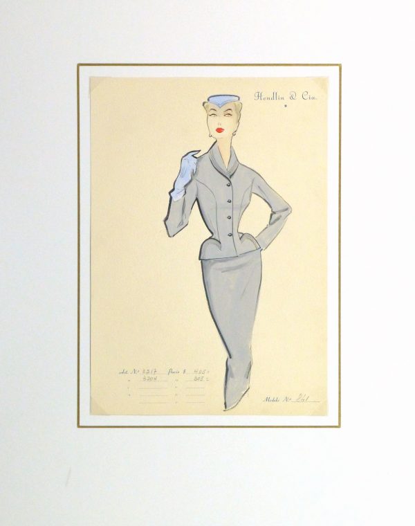 Gouache & Ink Fashion Sketch - Grey Dress Suit, Circa 1955-matted-10474M