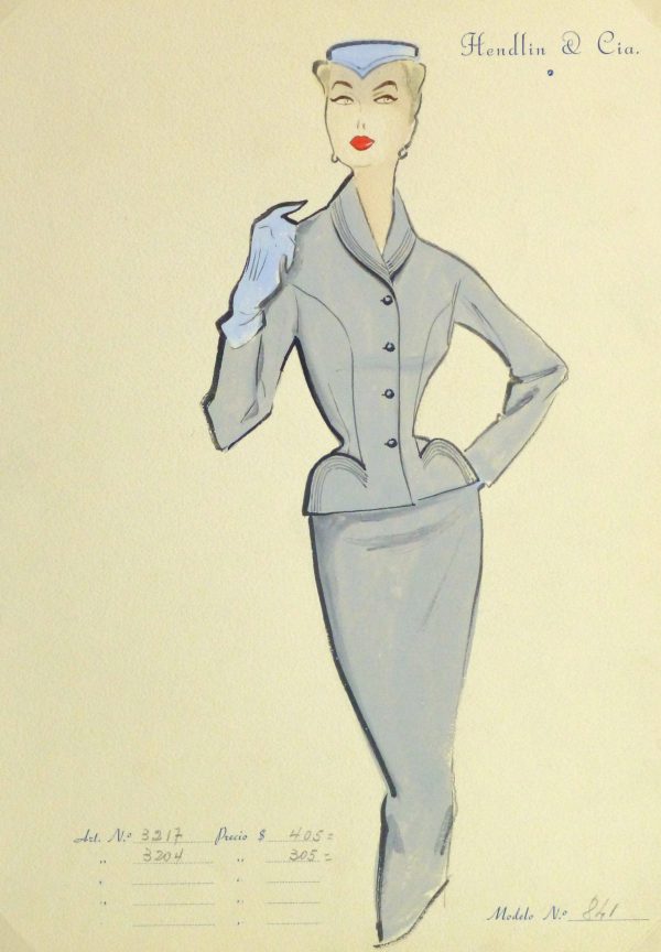 Gouache & Ink Fashion Sketch - Grey Dress Suit, Circa 1955-main-10474M