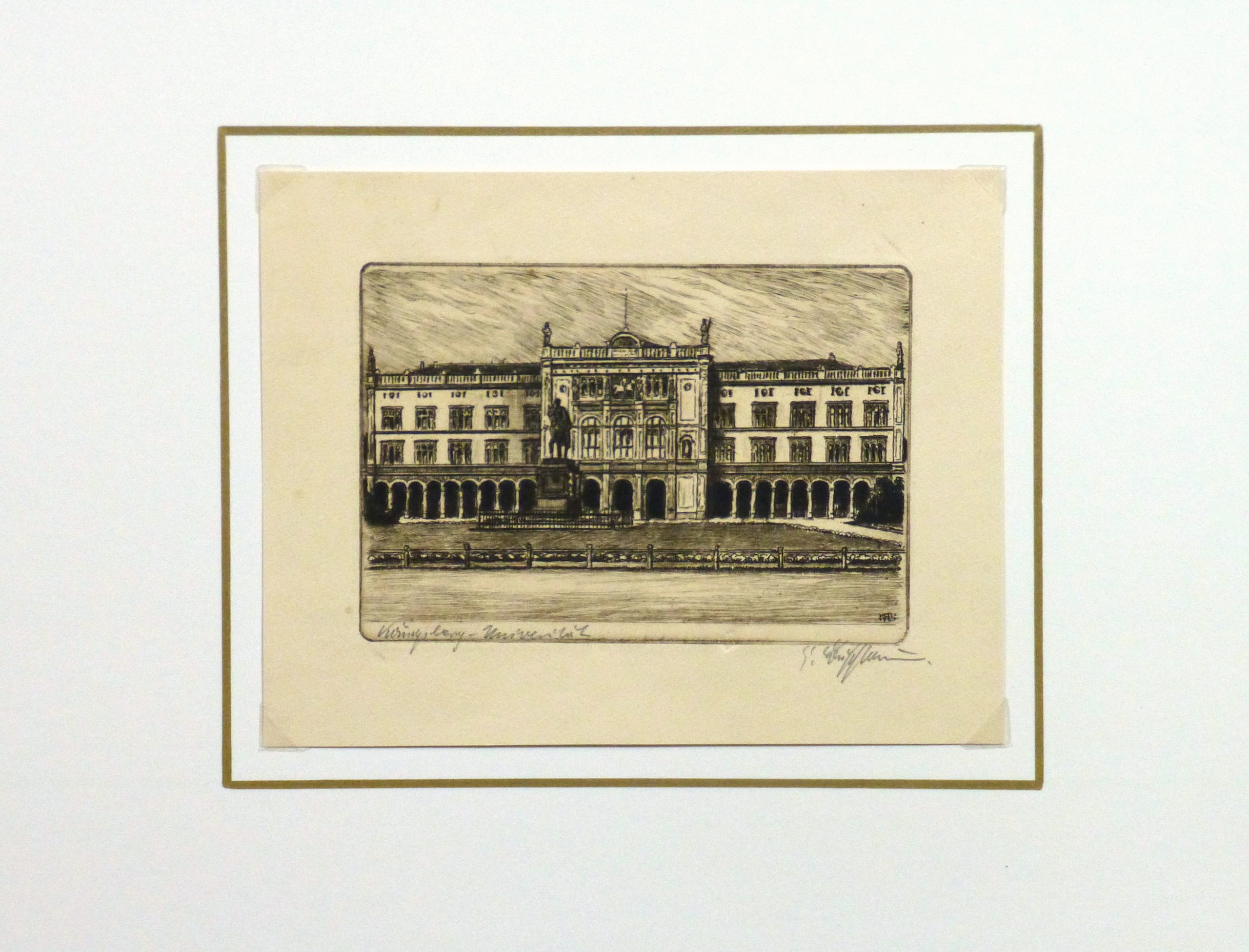 Etching Stately Architecture, Circa 1930 Original Art, Antique Maps