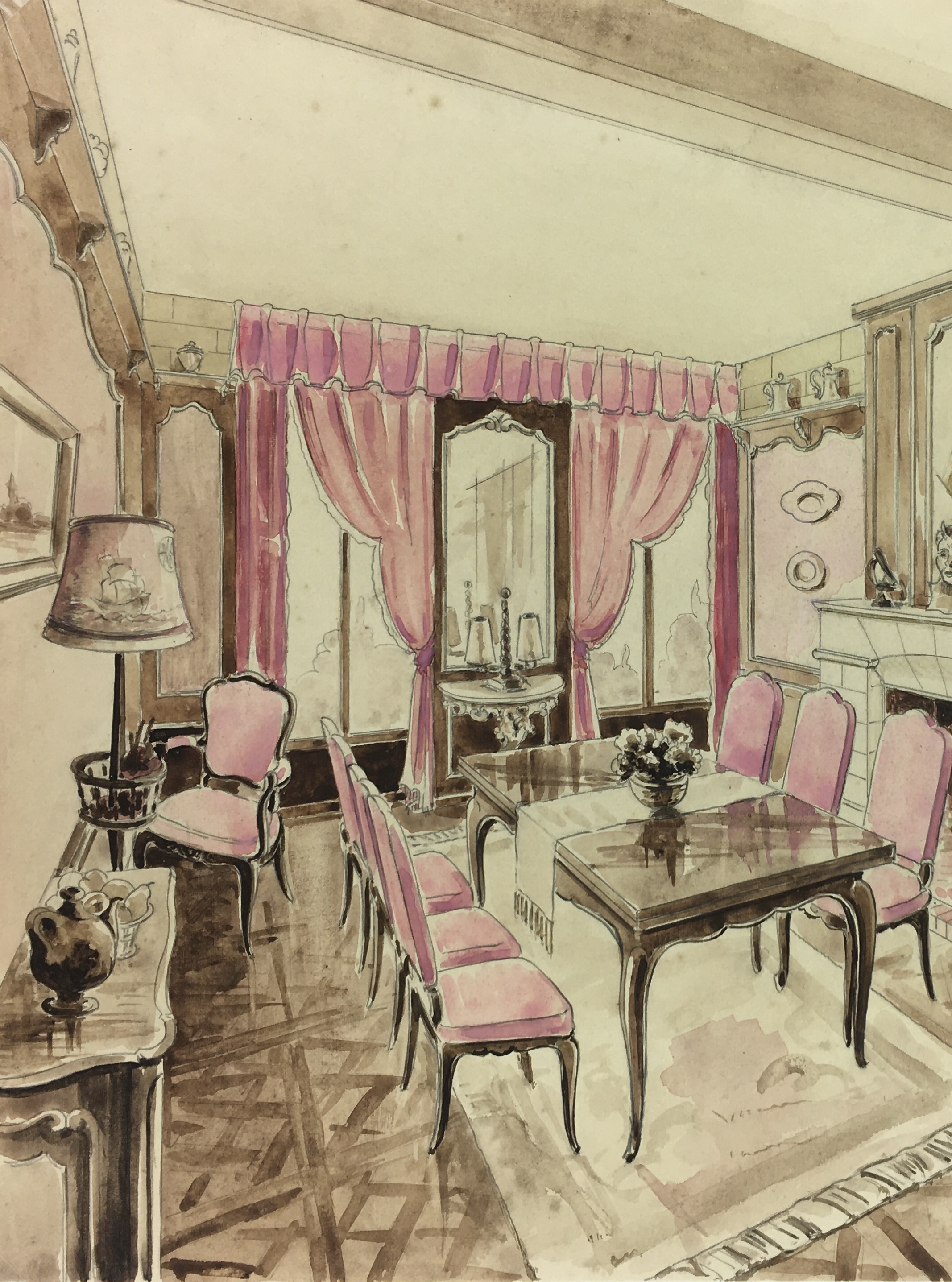 Architecture Original Art Watercolor Dining Room, c.1950 Original