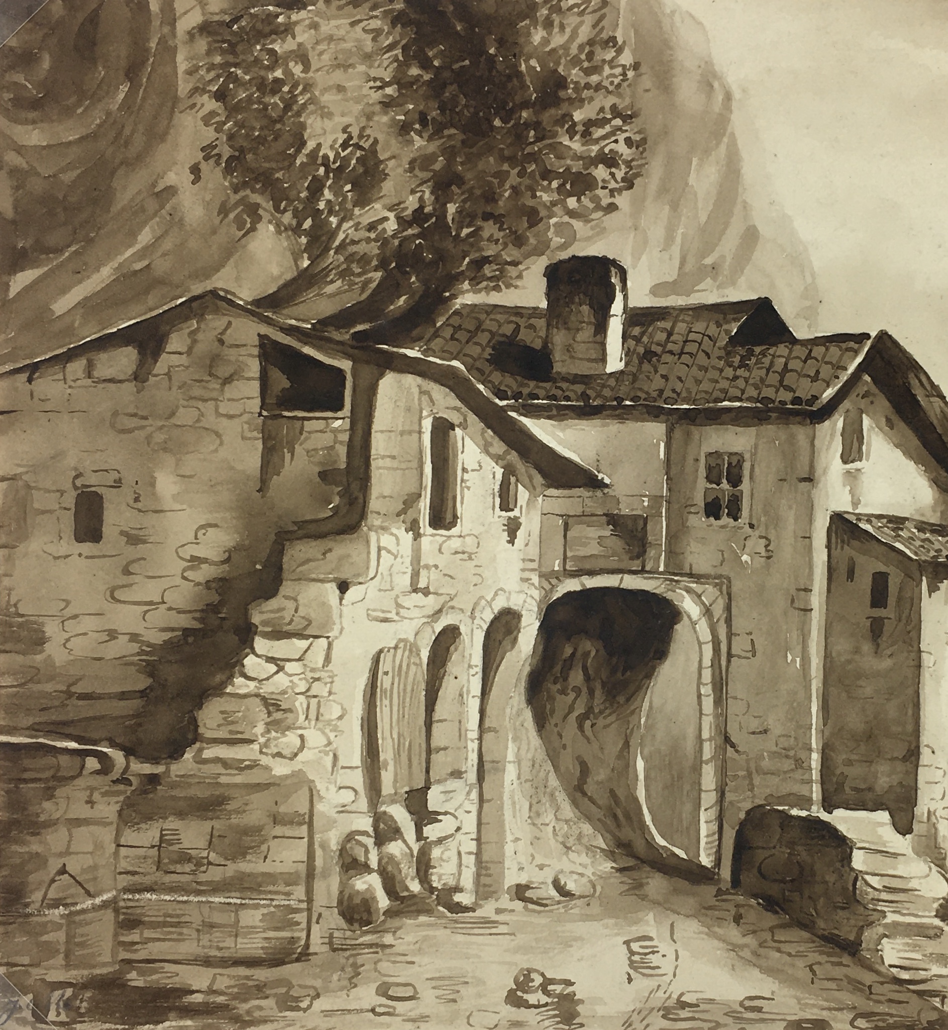 ink wash painting building