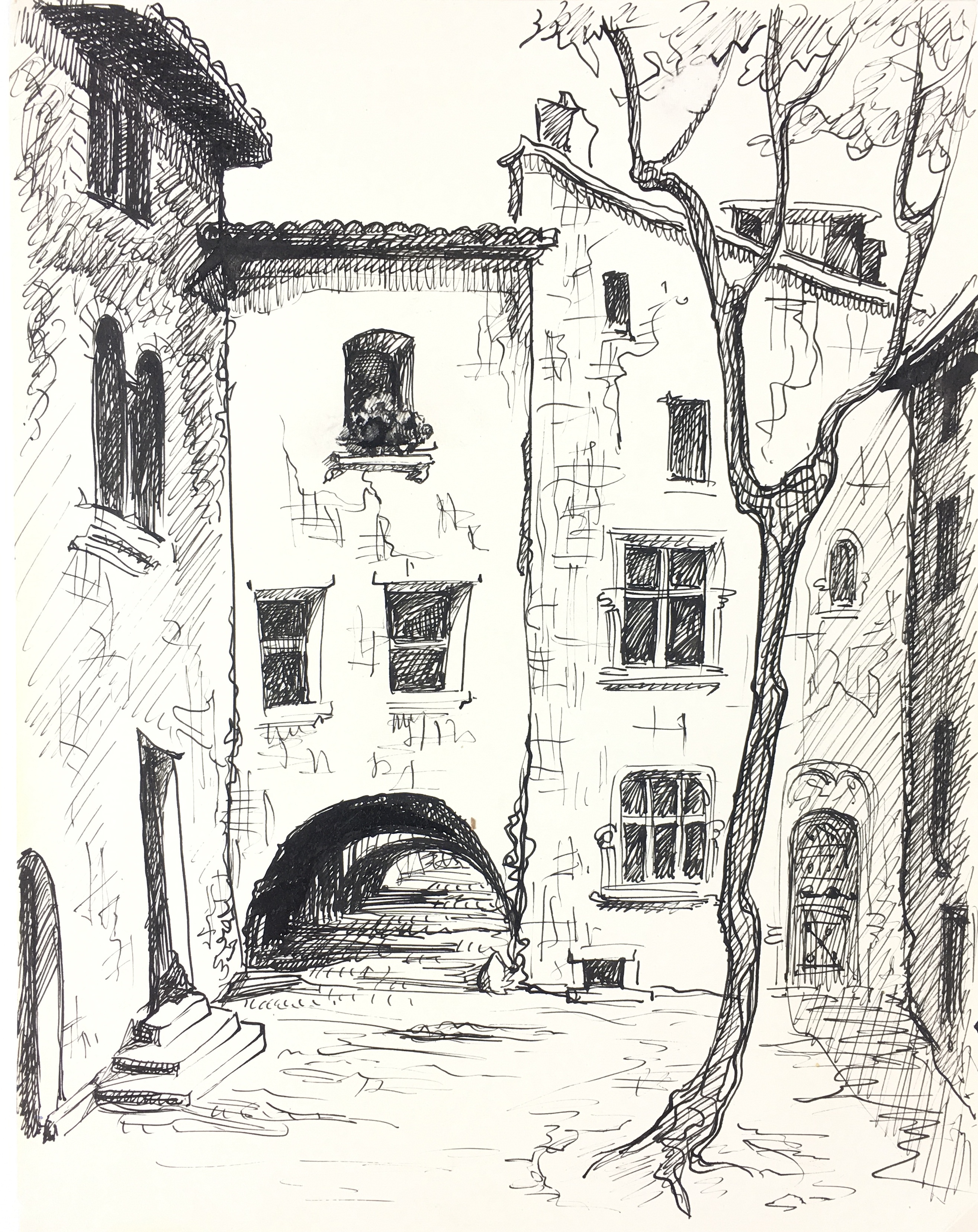 Italy Original Art - Italian Town, Pen & ink, c. 1960
