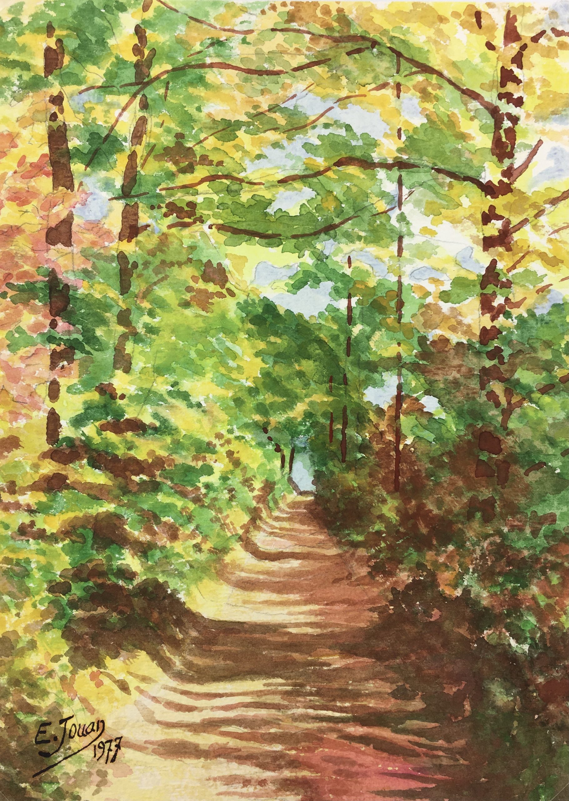 green forest path painting